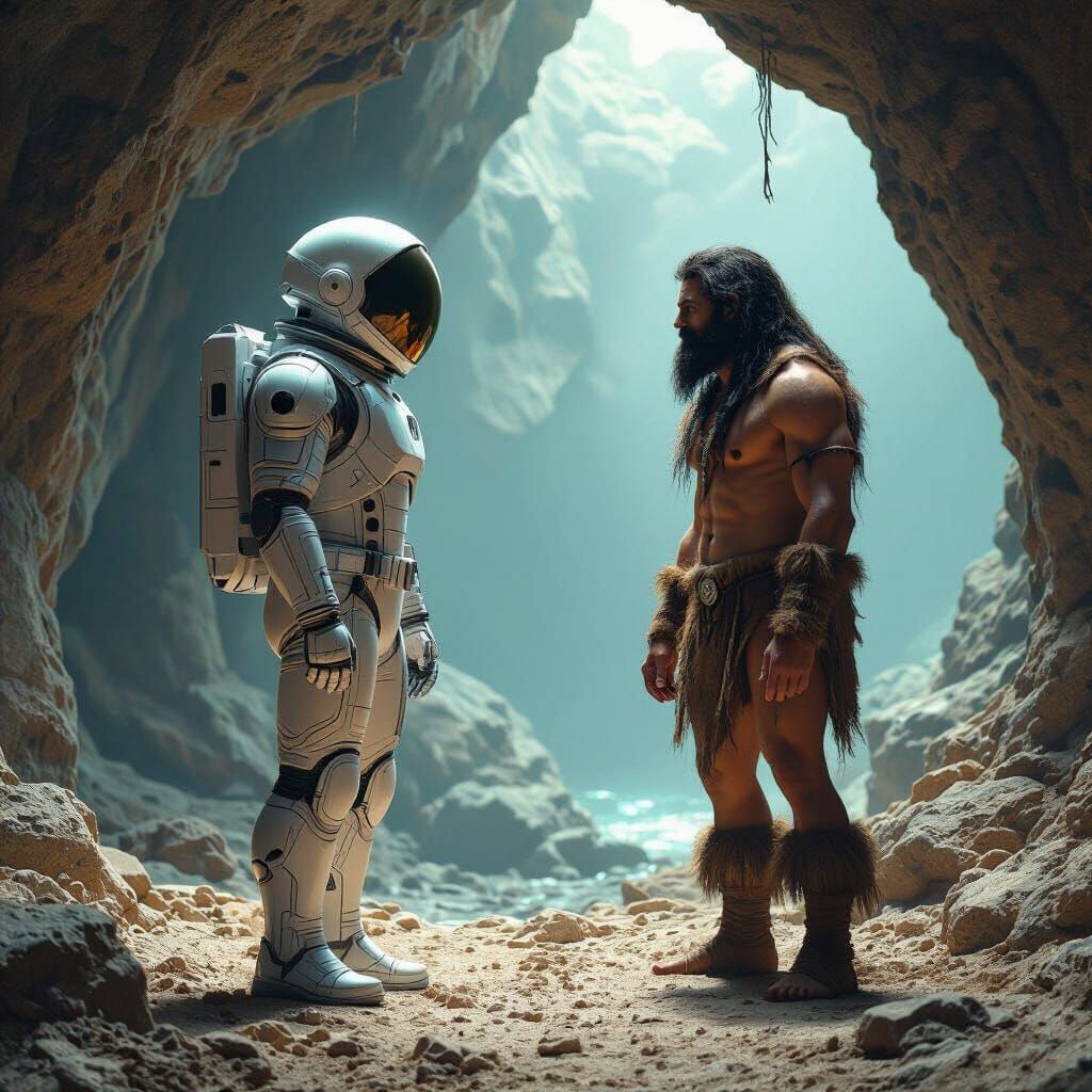 Astronaut Meets Caveman in Mystical Cave