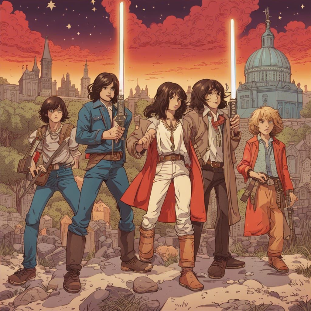 Group of 70s Youths with Swords and Spells