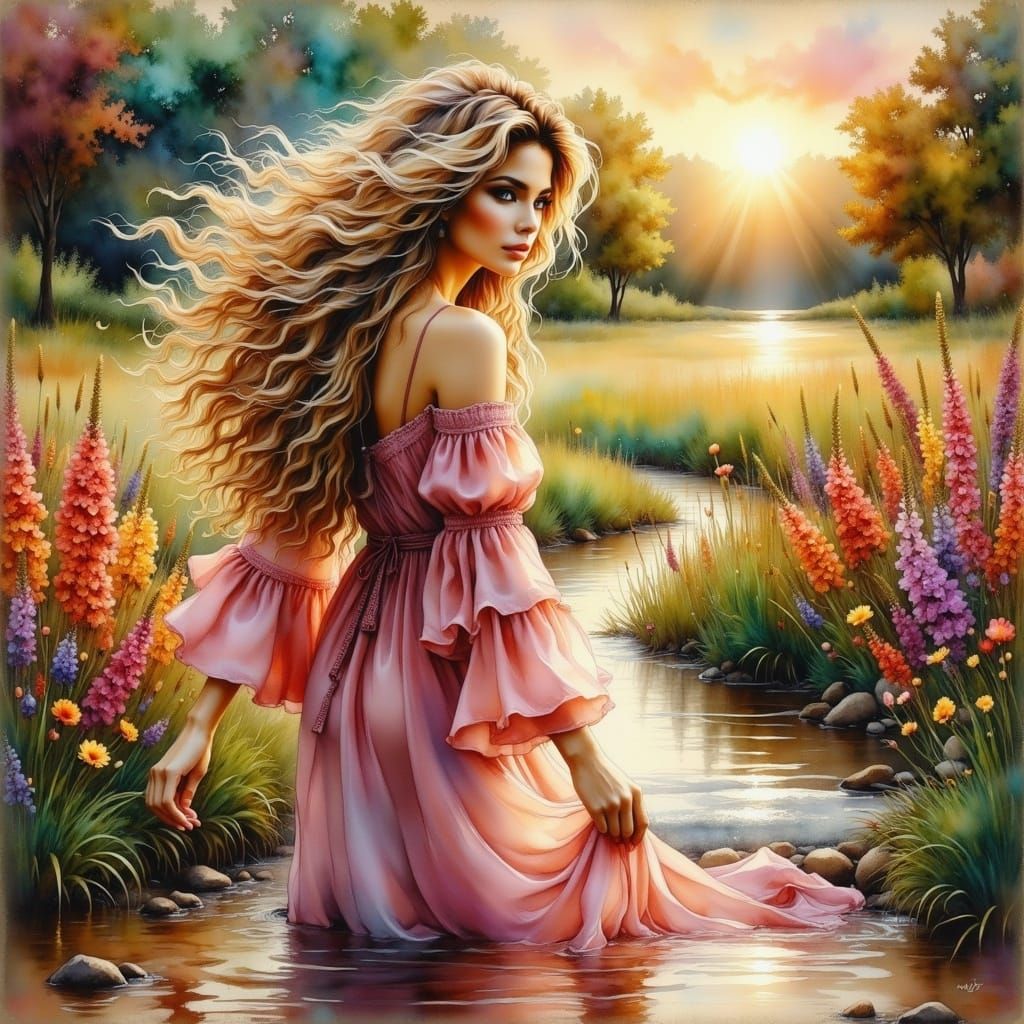 Golden Goddess Amidst Vibrant Wildflowers in a Serene Waterc...