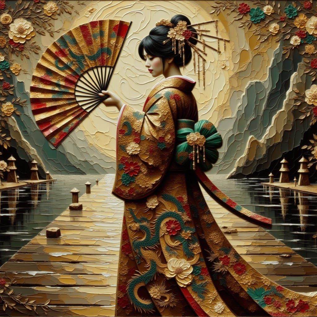 Warrior Woman in Shimmering Autumn Kimono with Dragon