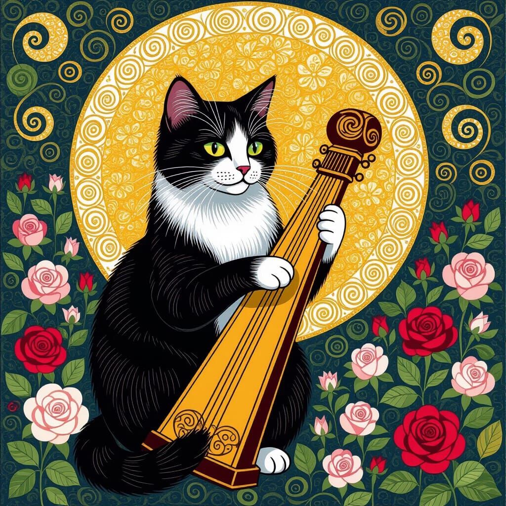 Celestial Cat Harp in Klimt Garden, Chagall Colors