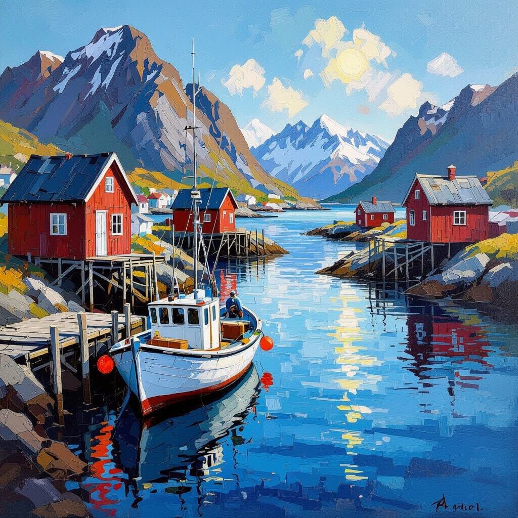 Serene Lofoten Harbor with Fishermen in Expressive Oil Paint...
