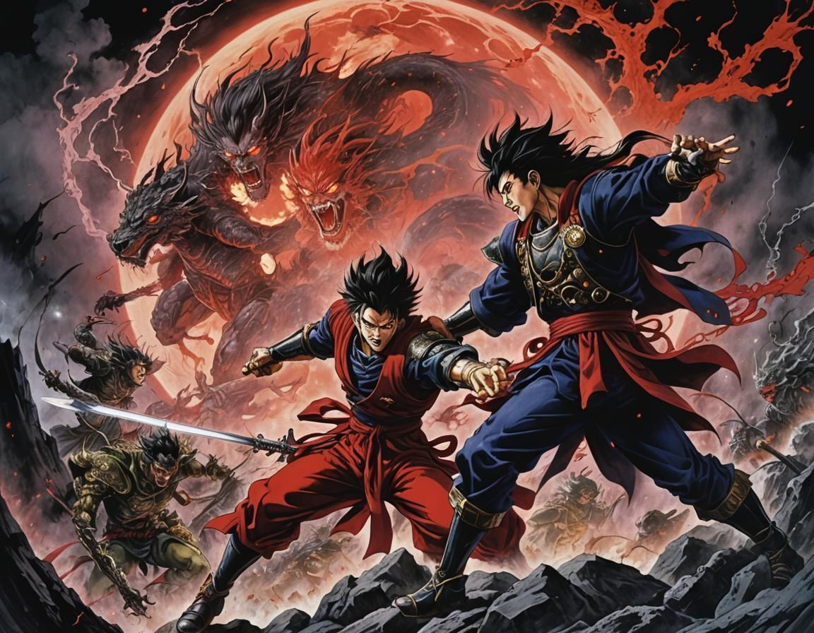 Art by Yoshitaka Amano, Hirohiko Araki, intense battle scene, iconic anime villains clashing under a blood-red moon, ele...