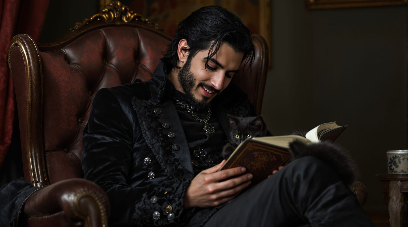 Man Reading with Kitten in Garmash Style