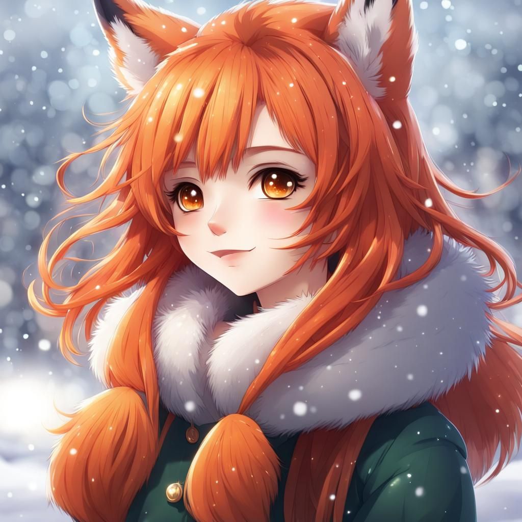 Cute Christmas fox girl anime, orange hair fluffy, cute face...