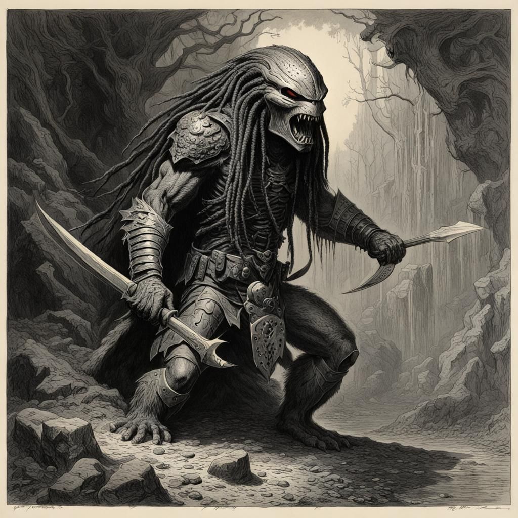 Horror Predator Emerges, Dark Engraving Style