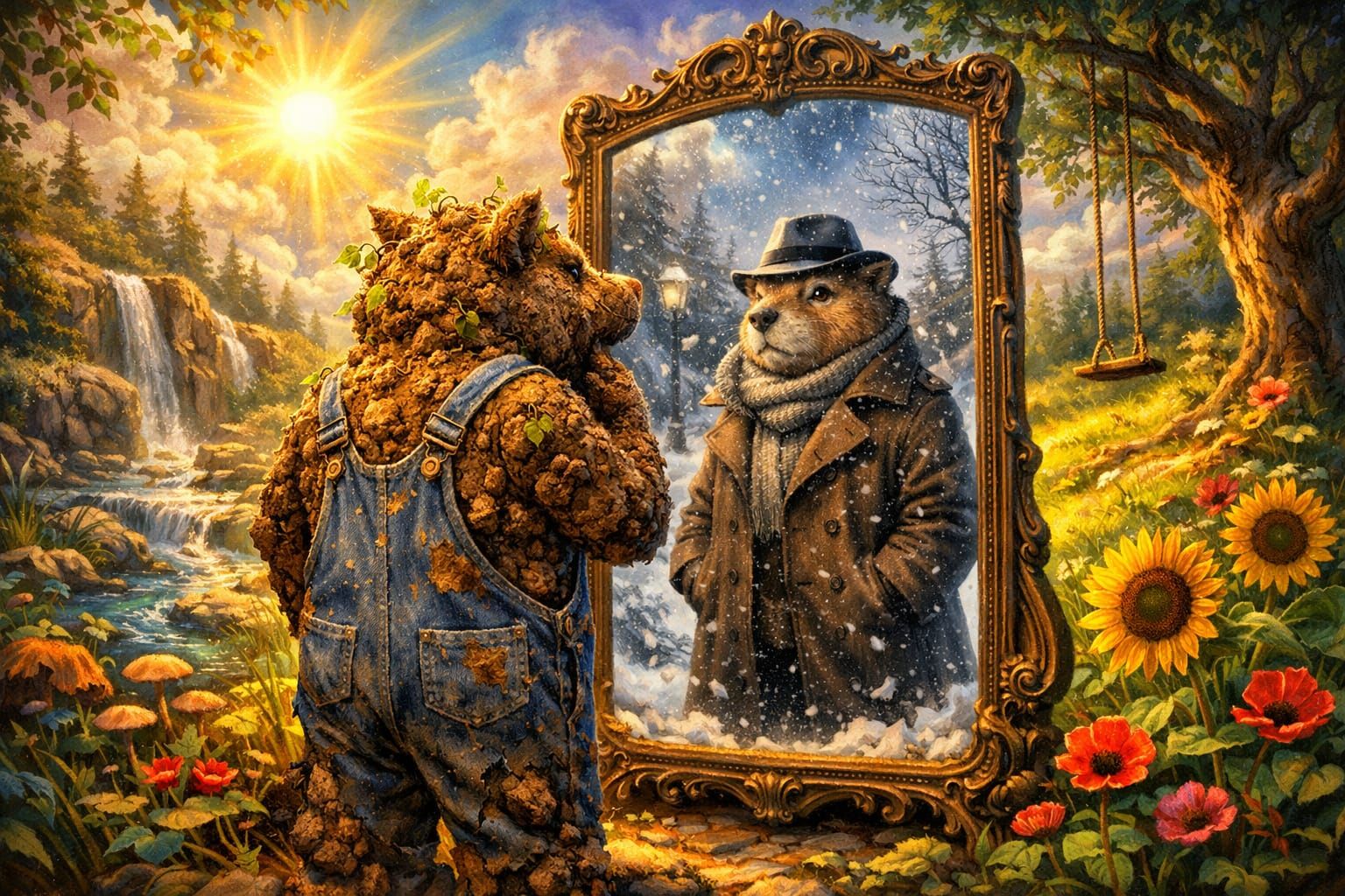 Surreal Groundhog Mirroring Winter Scene in Summer