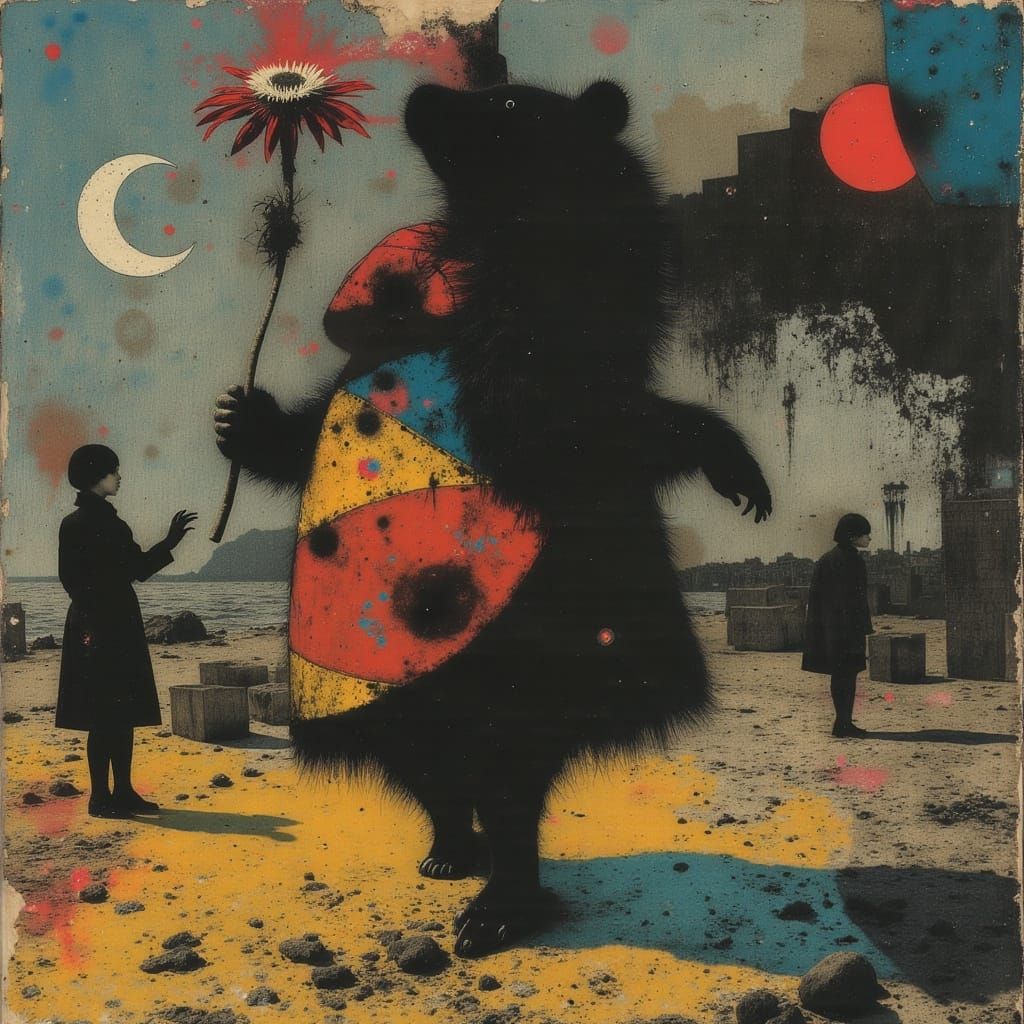 Dancing Bear in Kaleidoscopic Circus Sideshow, Mondrian-Insp...