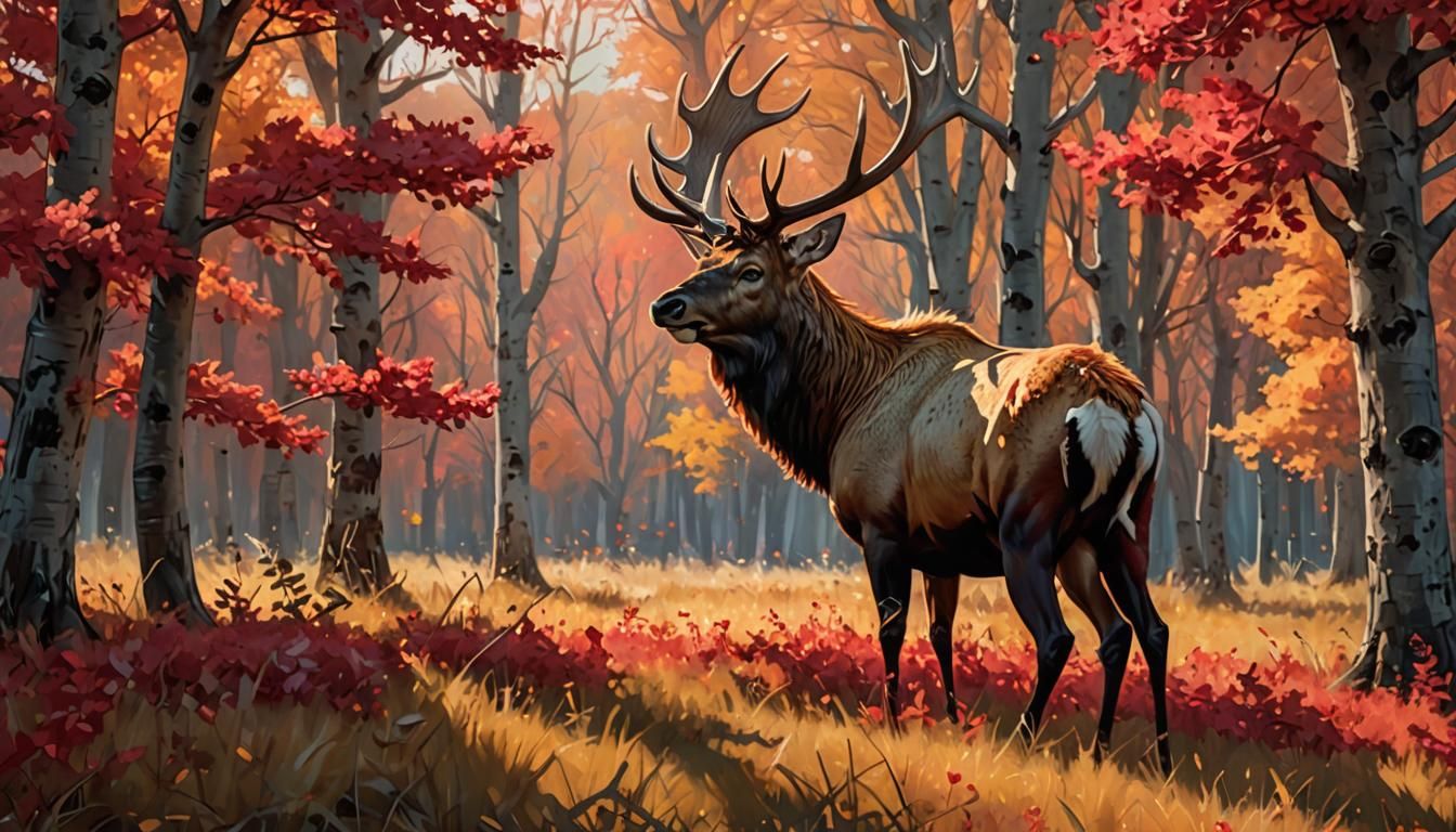 Bull Elk in Crimson Autumn Meadow, Digital Painting