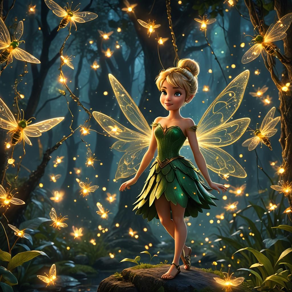 Tinker Bell and Fireflies in Detailed Fantasy Art