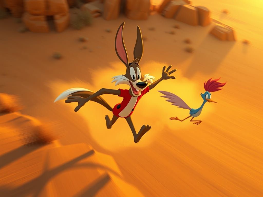 Wile E. Coyote Chases Road Runner in Desert Landscape