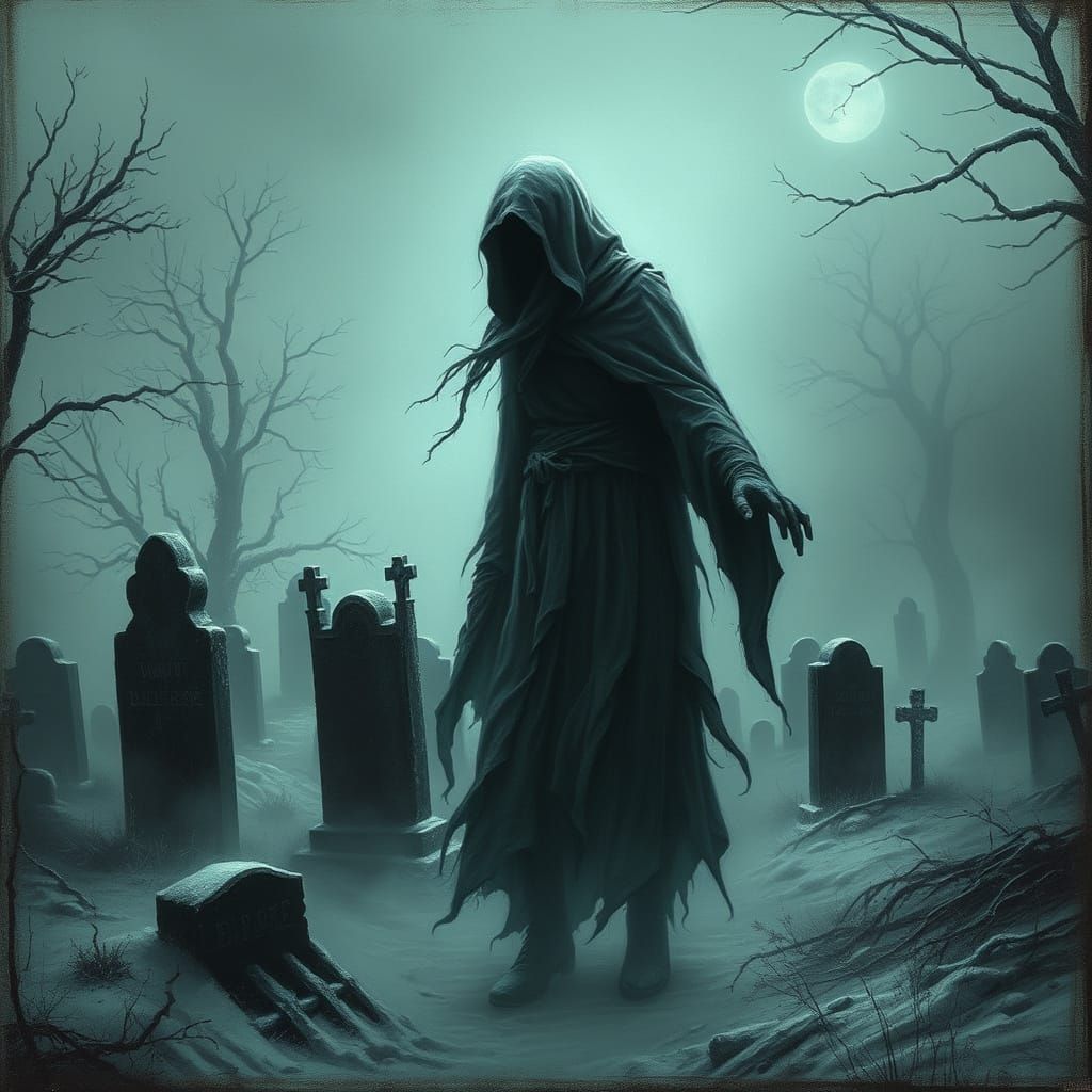 Ghostly Apparition in Winter Cemetery, Gothic Landscape
