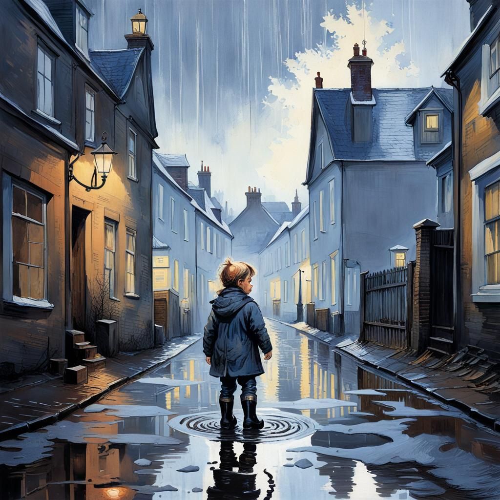 Toddler Playing in Puddle: Intricate Painterly Art