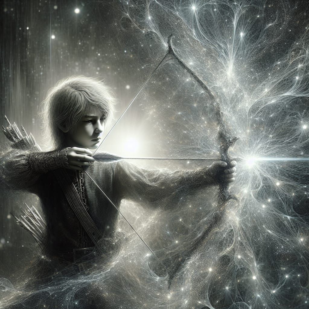 Boy Archer Draws Light Bow in Darkness
