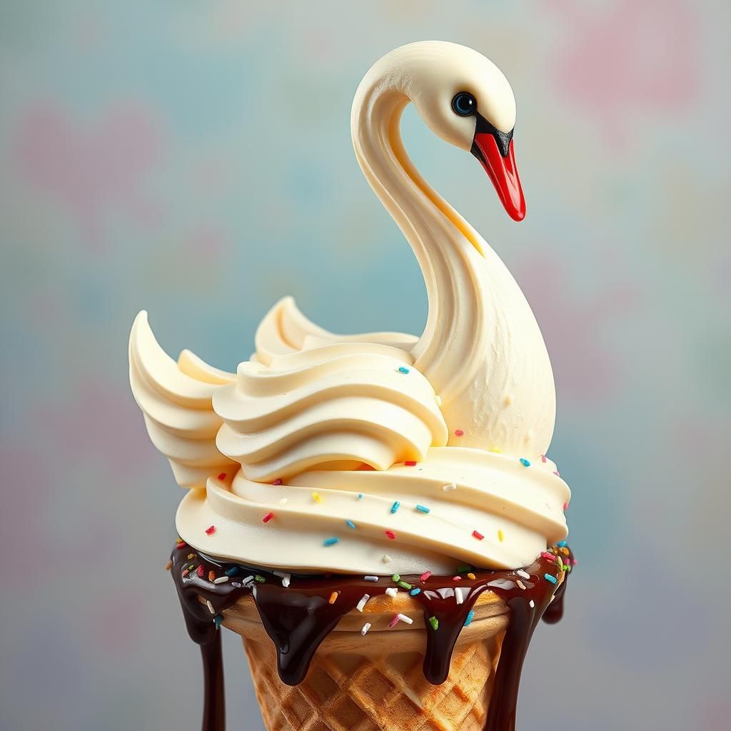 Vanilla ice cream in the shape of a swan on an ice cream con...
