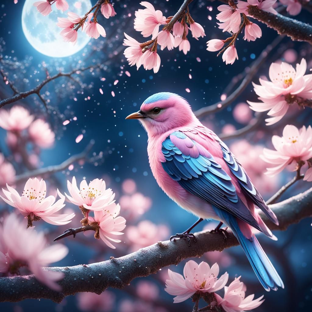 Enchanted Pink Bird on Sakura Tree at Night
