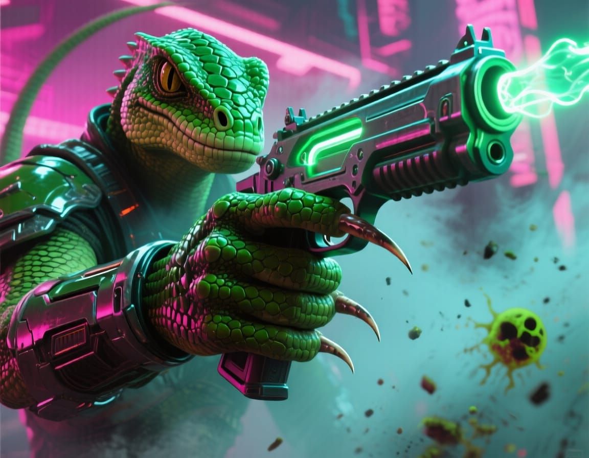 Cyberpunk Reptilian Warrior Grips Plasma Rifle