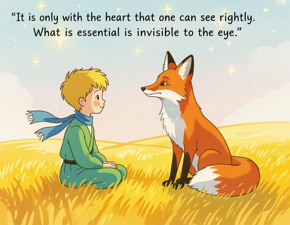 Little Prince and Fox in Golden Field Watercolor Illustratio...