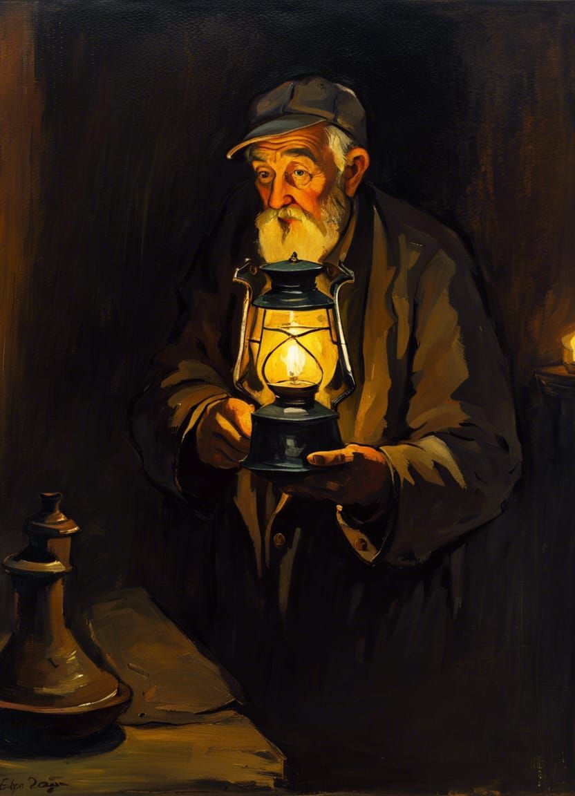 Bearded Man with Oil Lamp: Impressionist Painting