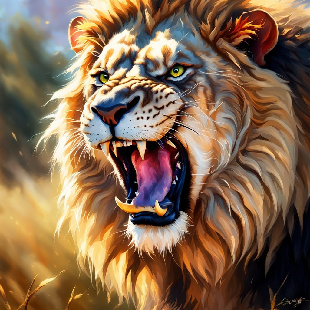 Enraged Lion Close-Up: Vibrant Oil Painting