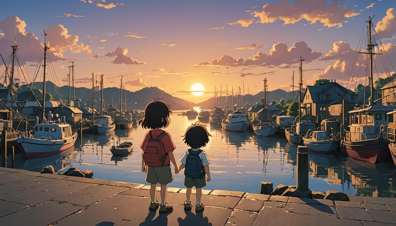 Toddler at Harbor: Studio Ghibli Anime Sunset