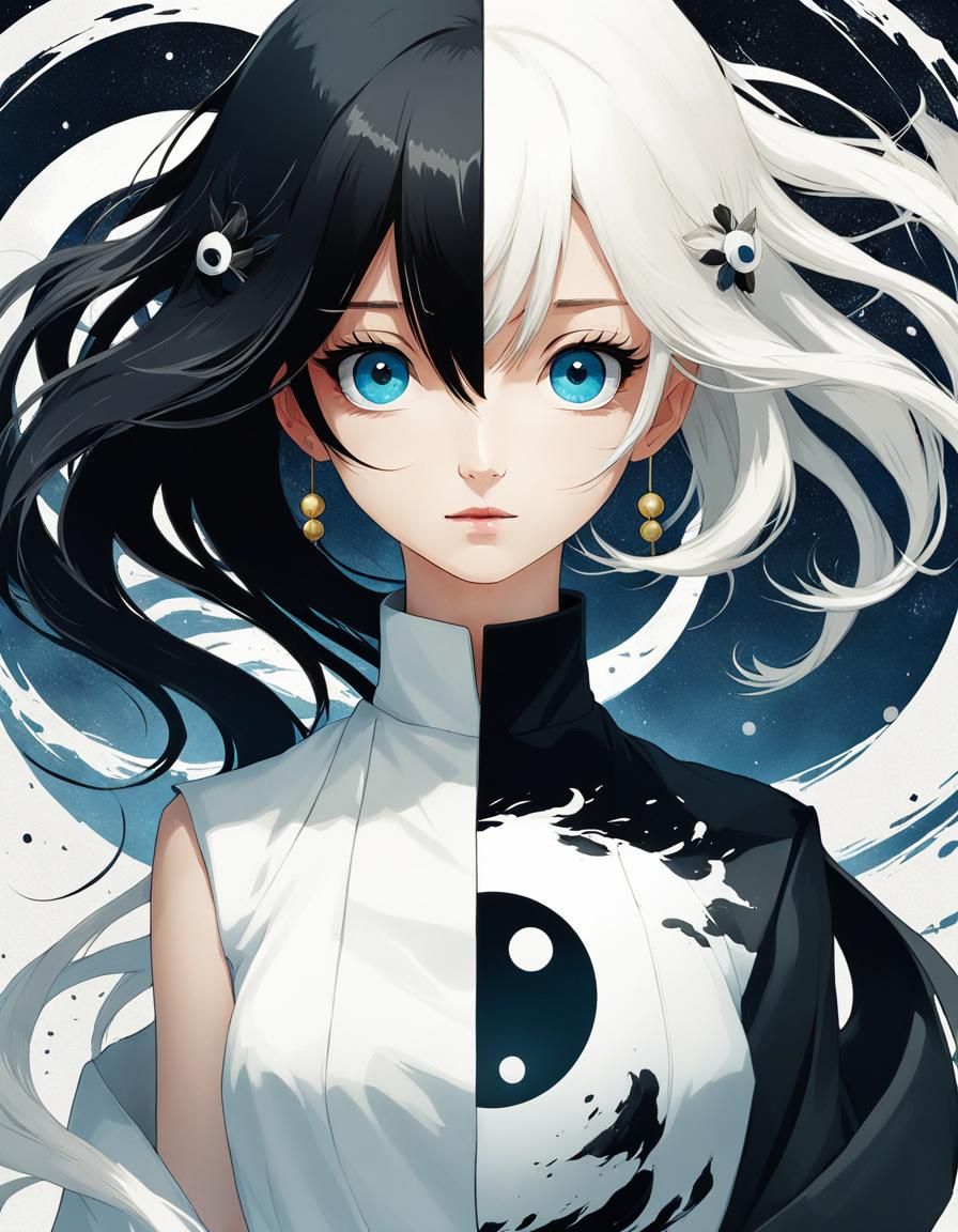 Yin Yang Split Portrait in Anime Style