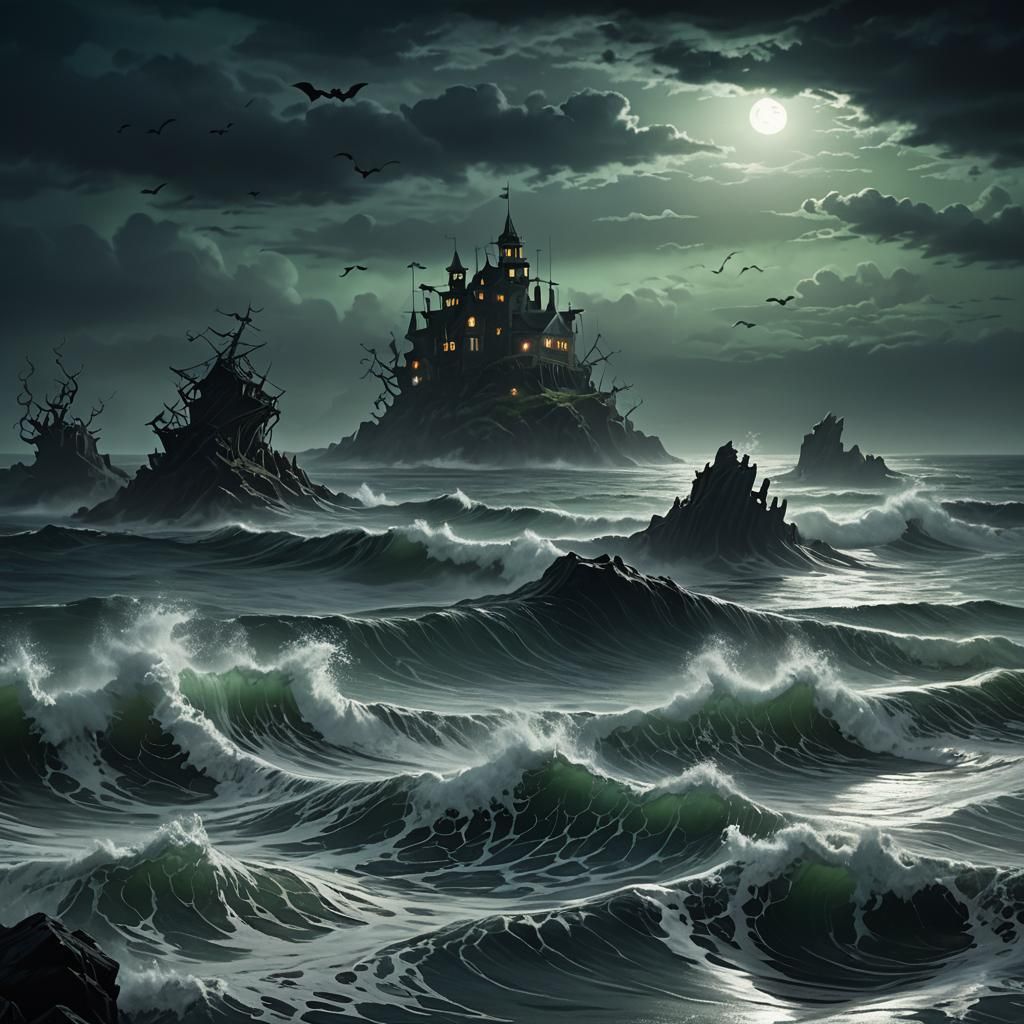 Eerie Ghosts Rising from the Sea in Dark Fantasy Art