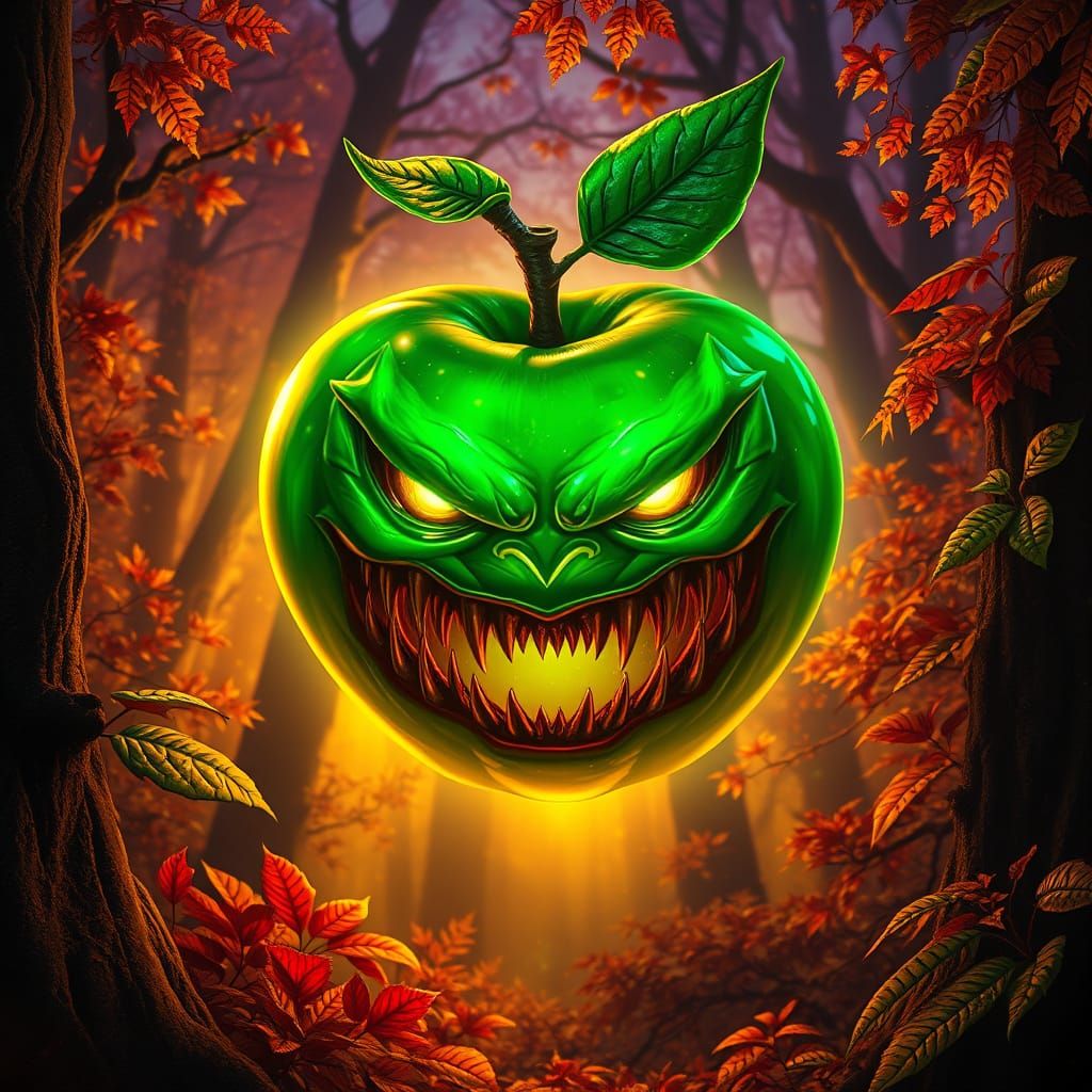 Ethereal Green Apple Amidst a Whimsical Forest at Dusk