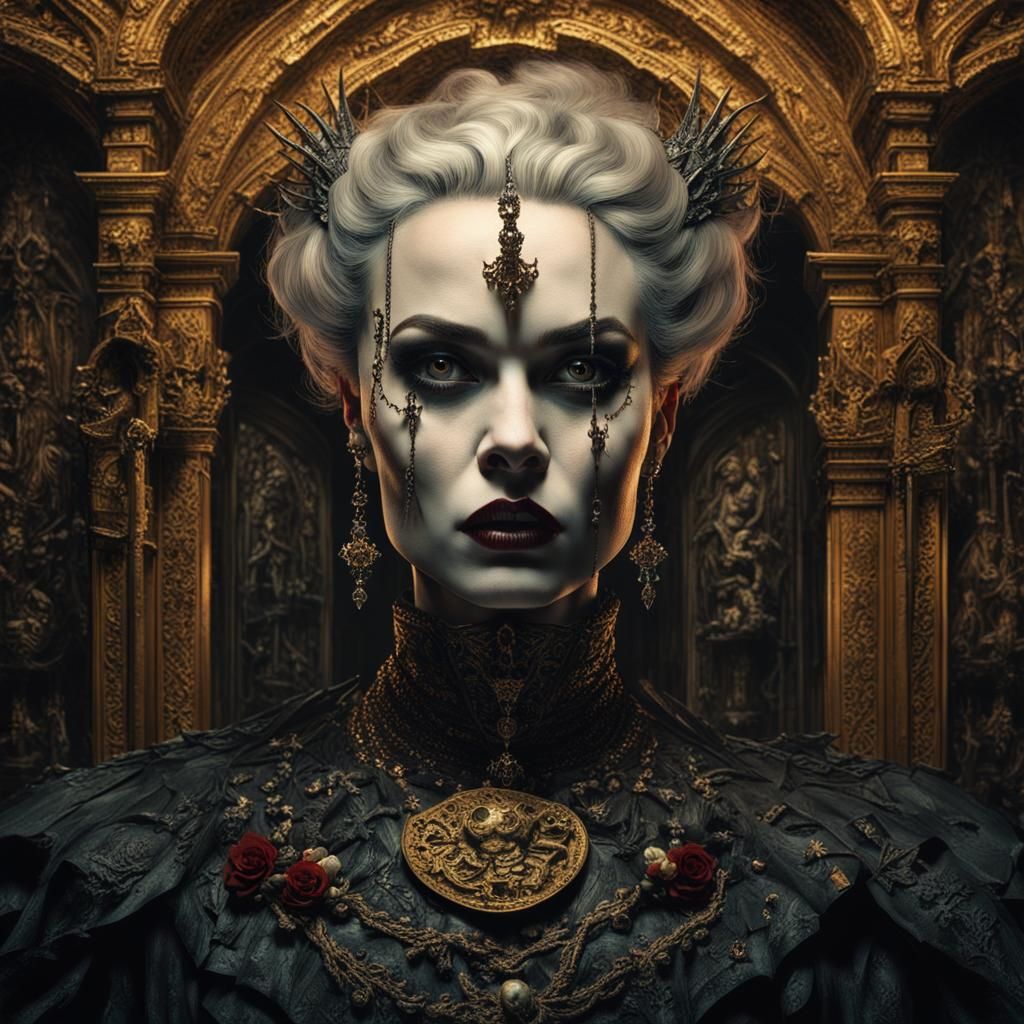 Elegant Female Vampire in Ornate Gothic Setting