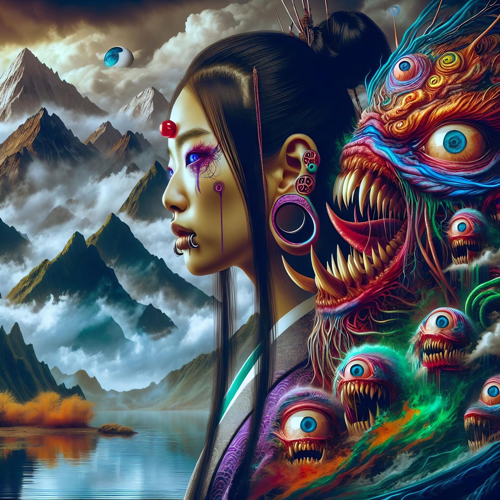Surreal Japanese Woman Merged With Monster, Digital Art
