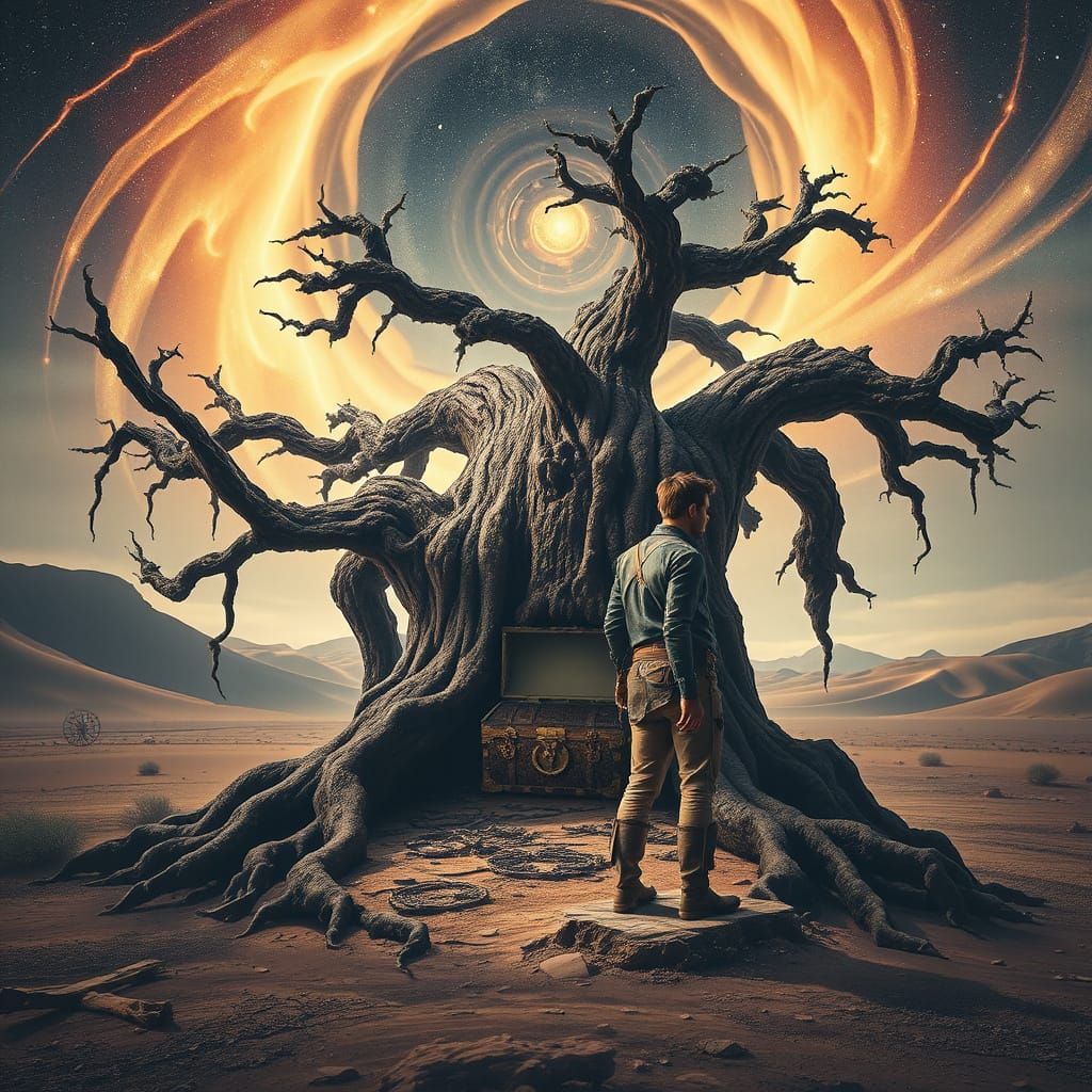 Time Traveler and Ancient Oak in Post-Apocalyptic Desert