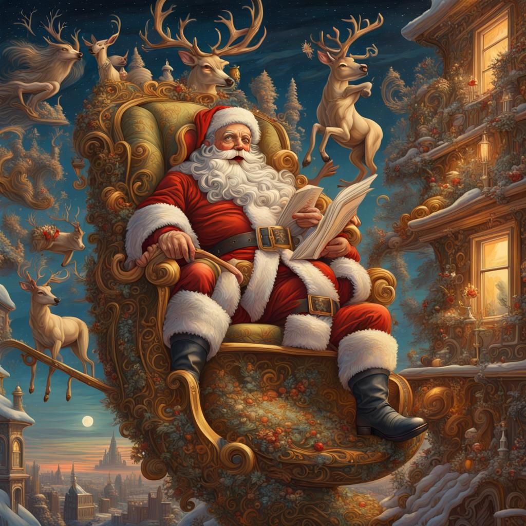 Santa Claus Rooftop Scene in Maximalist Anime Style