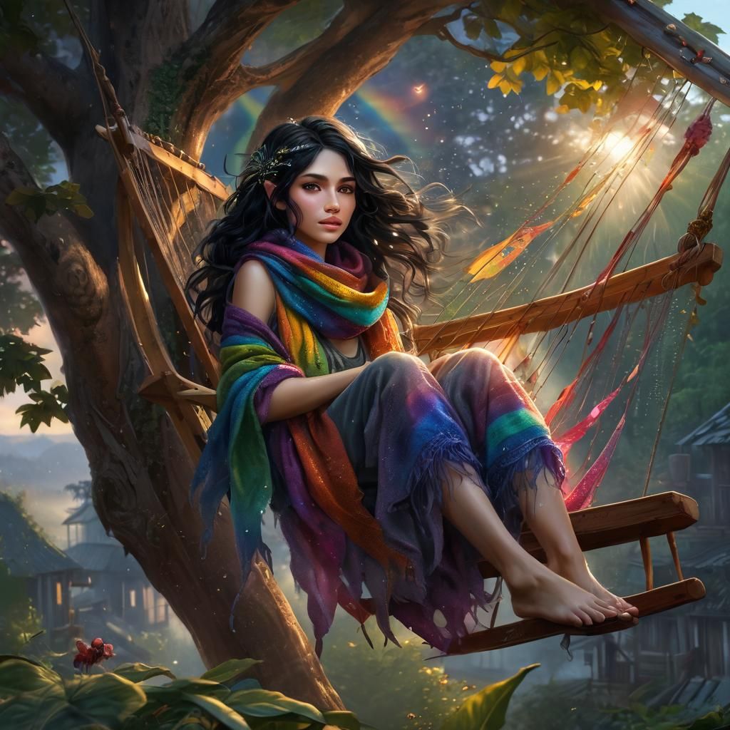 Fairy Knitting Rainbow Scarf at Dawn