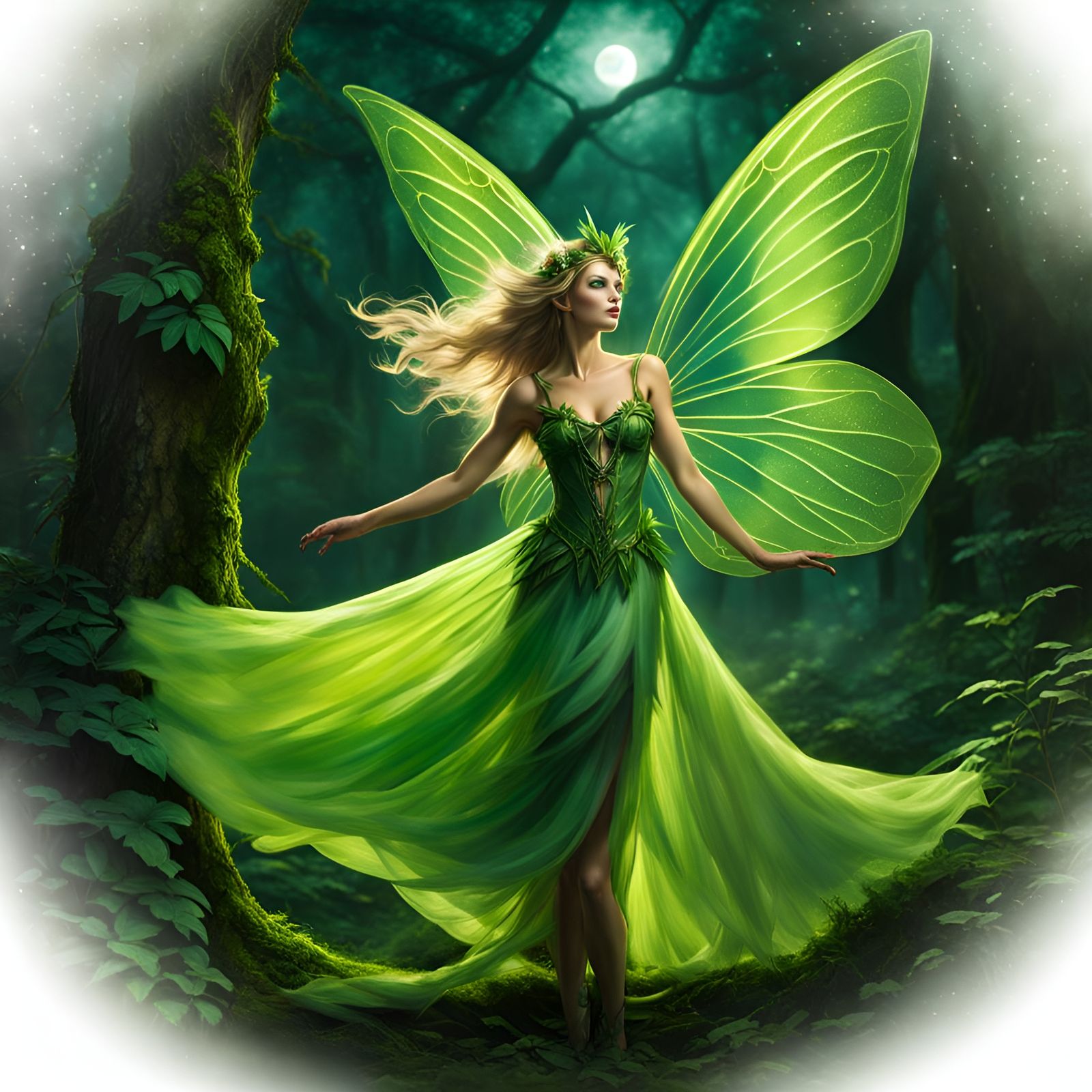 Beautiful Forest Fairy in Moonlight, Digital Rendering