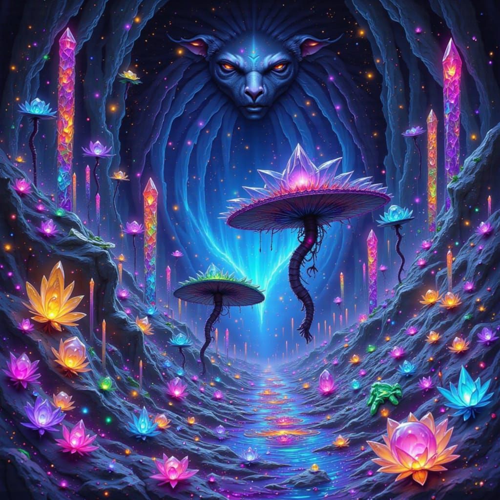 Whimsical Adventurer in Bioluminescent Crystal Cavern