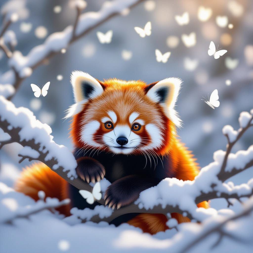 Red Panda Among Snow Branches With White Butterflies