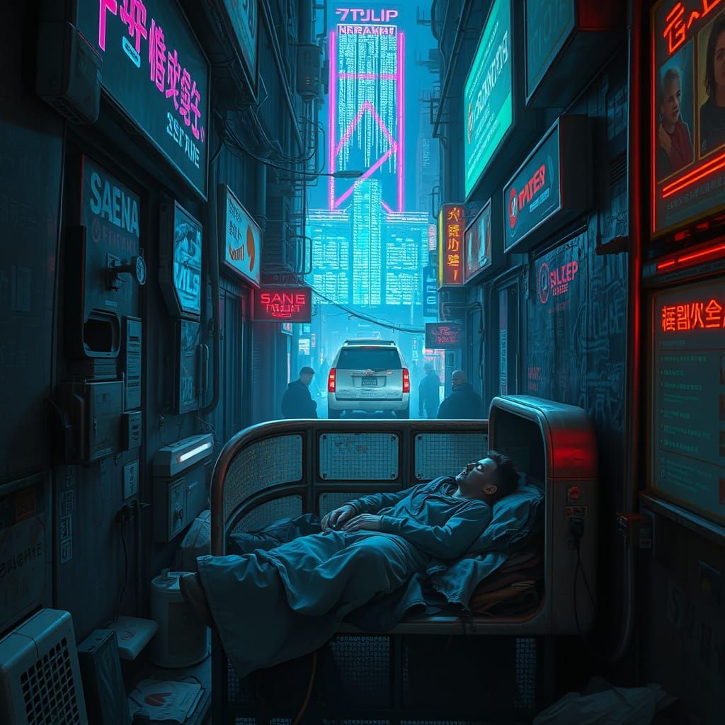 A Lone Figure Slumbers in a Cyberpunk City