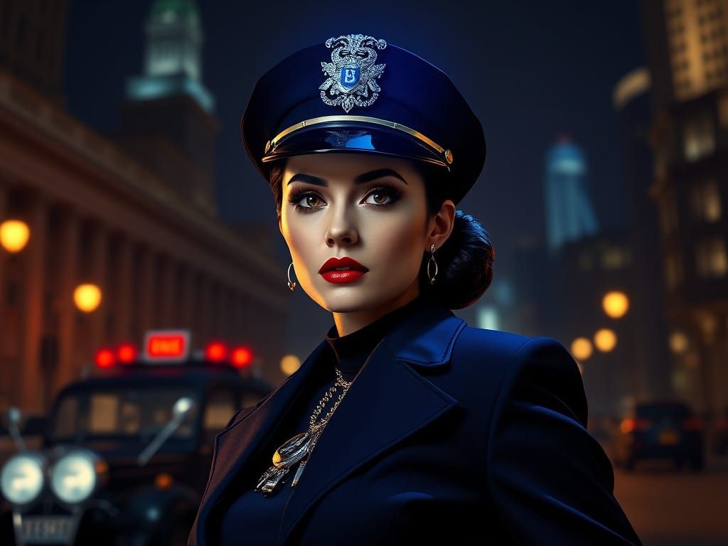 Elegant Retrofuturism Police Lady in Dark Blue