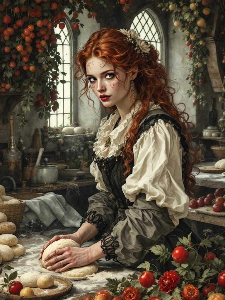 Redhead Baker in Kitchen, Art Nouveau Style