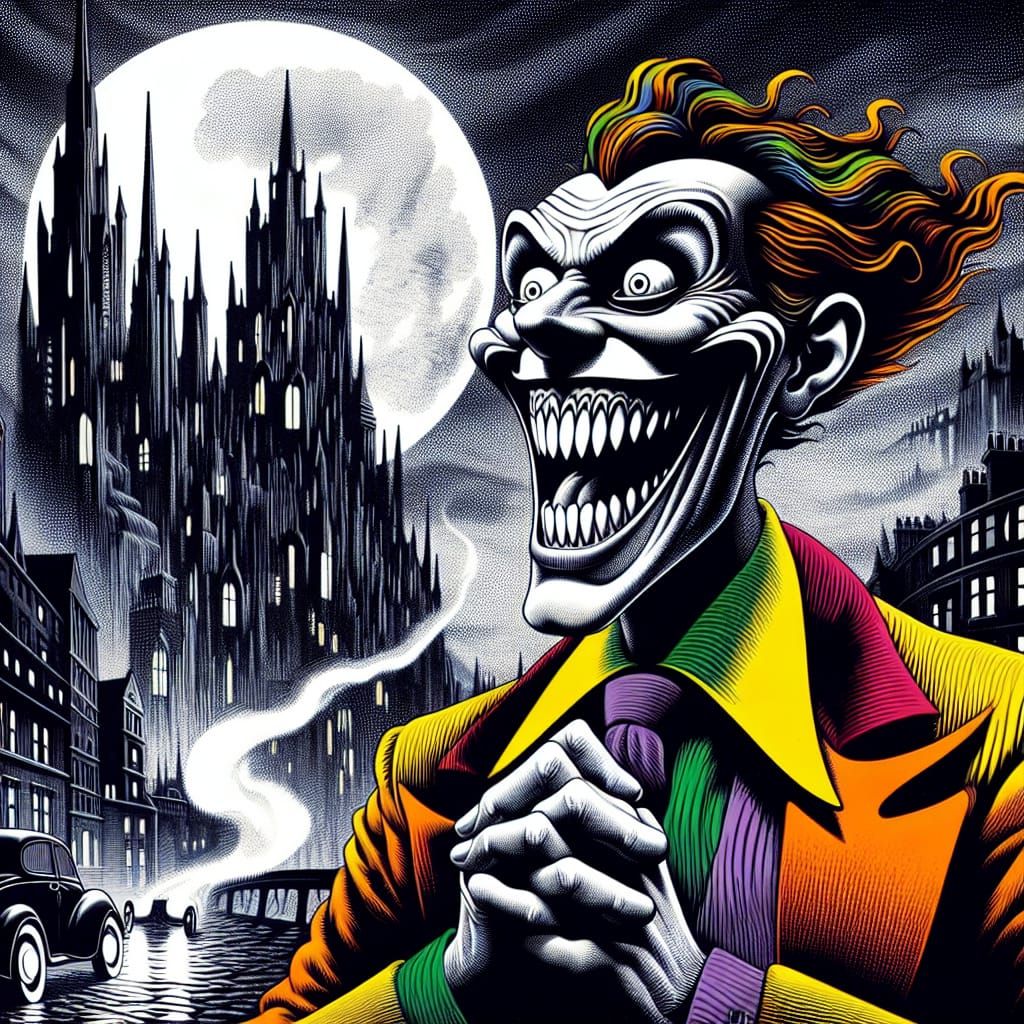 Stylized Comical Villain in a Gothic Urban Landscape