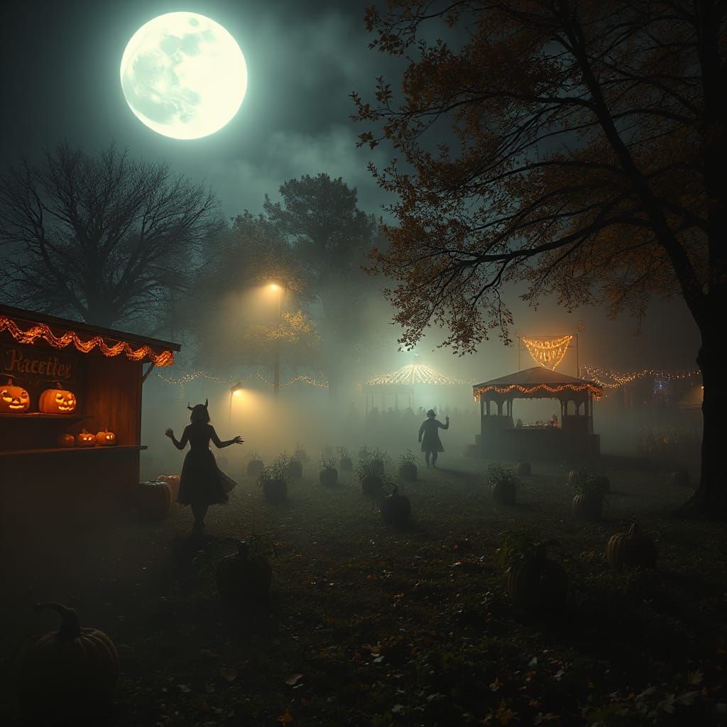 Haunted Harvest Festival with Ghostly Dancers and Full Moon