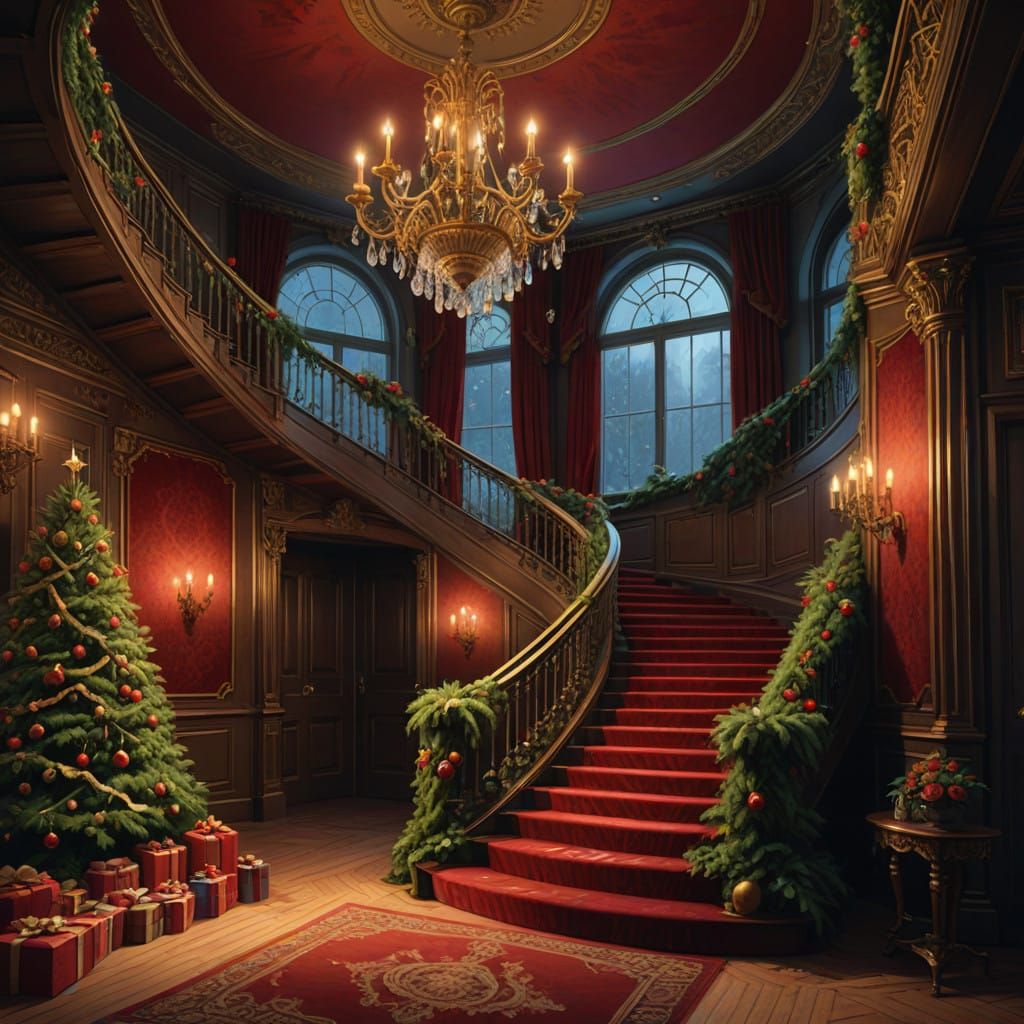 Majestic Victorian-Era Christmas Scene with Grand Chandelier...