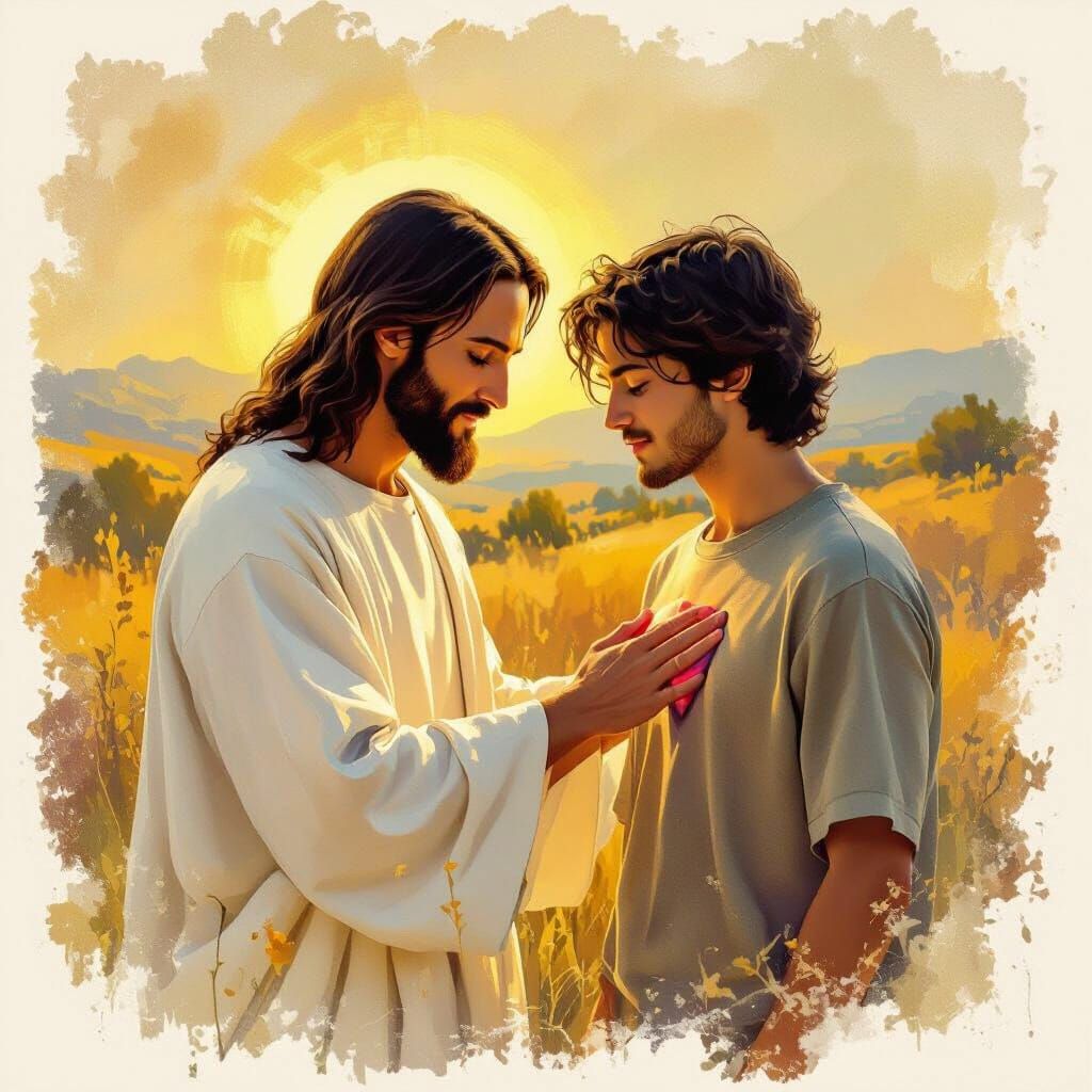 Jesus Christ Touching a Young Adult's Heart as Impasto Paint...