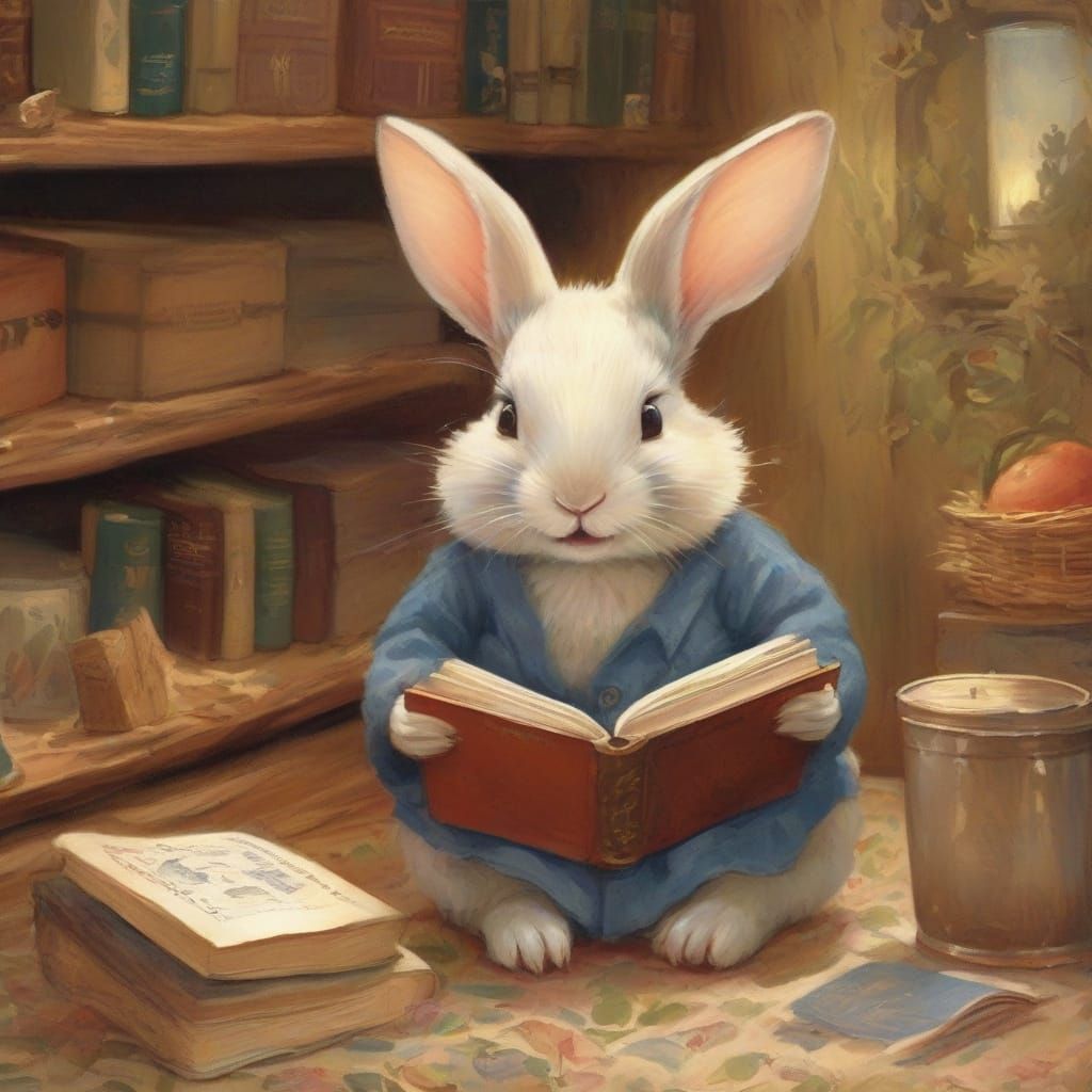 Enchanted Rabbit Reader in Whimsical Burrow Scene
