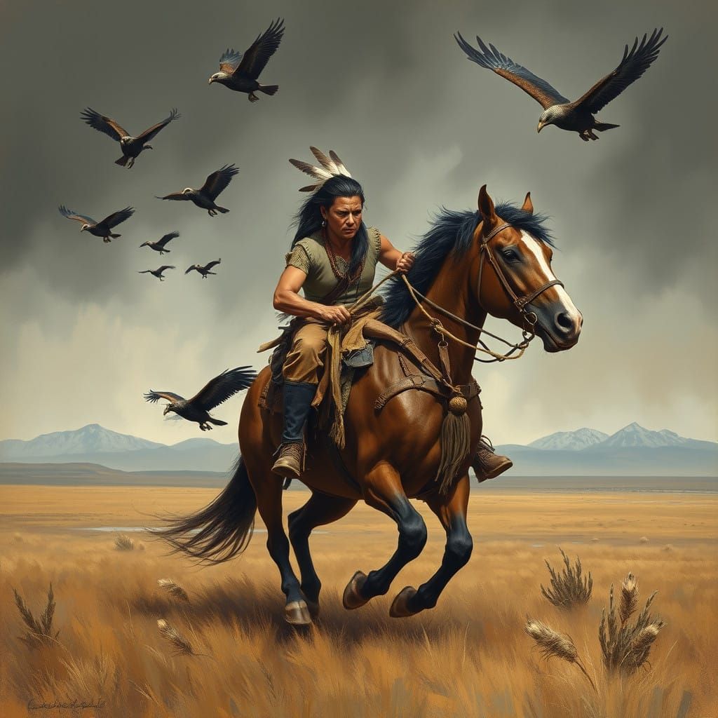Native Warrior Escapes with Distressed Pioneer Woman on the...