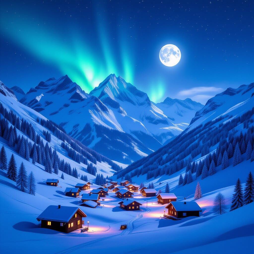 Detailed Swiss Alps City Under Aurora Borealis