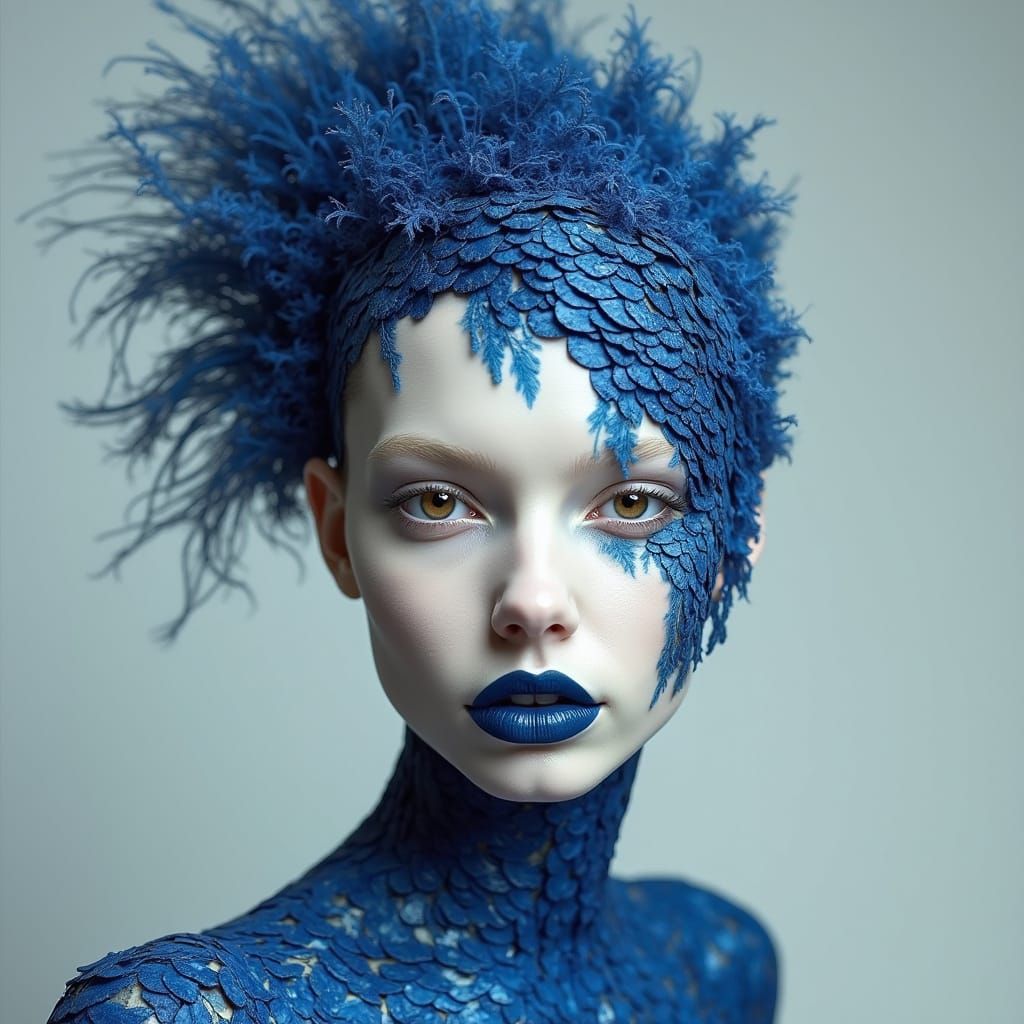Surreal Fashion Portrait with Blue Textures