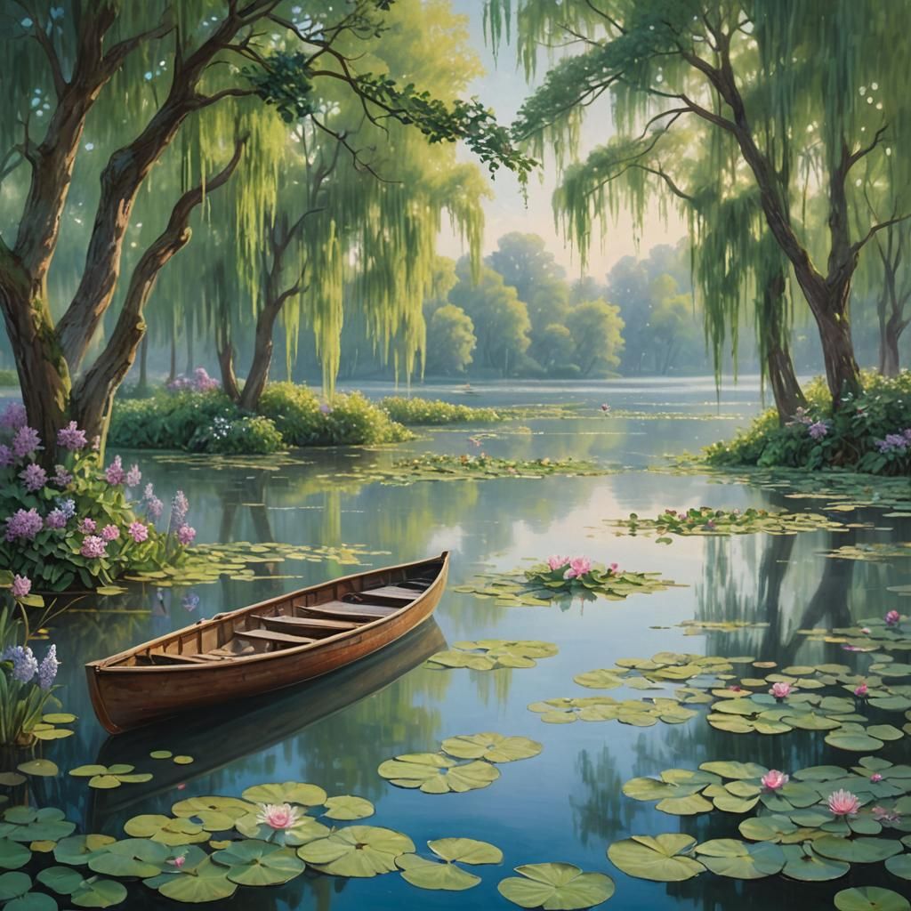 Sunlit Lake Scenery in Impressionist Gouache Style