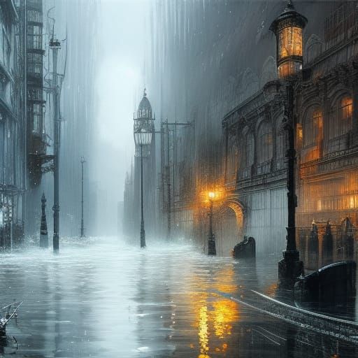 Flooded London Street Scene in Cel-Shaded Style