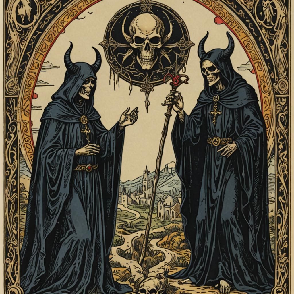 Ornate Tarot Card Depicting Satan and Reaper